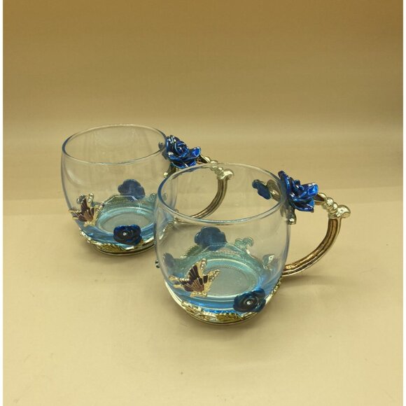 ARC of France Luxury Classic Enamel Coffee Cup Blue Butterfly LOT 2 - Picture 11 of 12